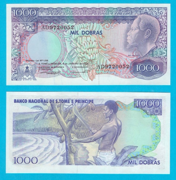 Sao Tome &amp; Principe (p#62) 1.000 Dobras 1989 UNC &#039;Banane/Cacao&#039; serie: AD9720052 margine albă