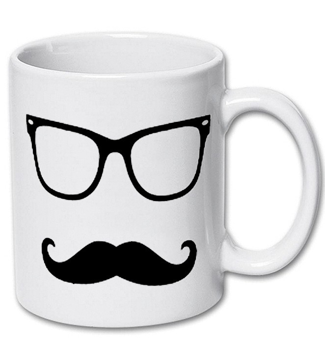 Cana alba personalizata &quot; Mustata + Ochelari &quot;, INOVATIX&reg;. 330ml
