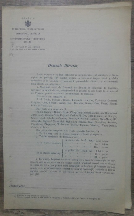 Informare oficiala privind taxele scolare/ Ministerul Instructiunii, interbelic