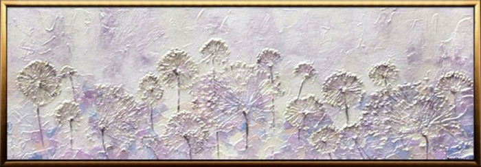 Tablou cu flori lila pictate manual Pictura abstracta cu flori mov 150x60cm