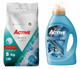 Detergent pudra pentru rufe albe Active, sac 5kg, 68 spalari + Balsam de rufe Active Magic Blue, 1.5 litri, 60 spalari