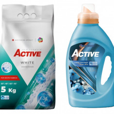 Detergent pudra pentru rufe albe Active, sac 5kg, 68 spalari + Balsam de rufe Active Magic Blue, 1.5 litri, 60 spalari
