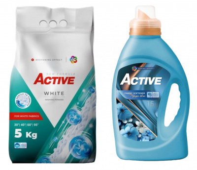 Detergent pudra pentru rufe albe Active, sac 5kg, 68 spalari + Balsam de rufe Active Magic Blue, 1.5 litri, 60 spalari foto