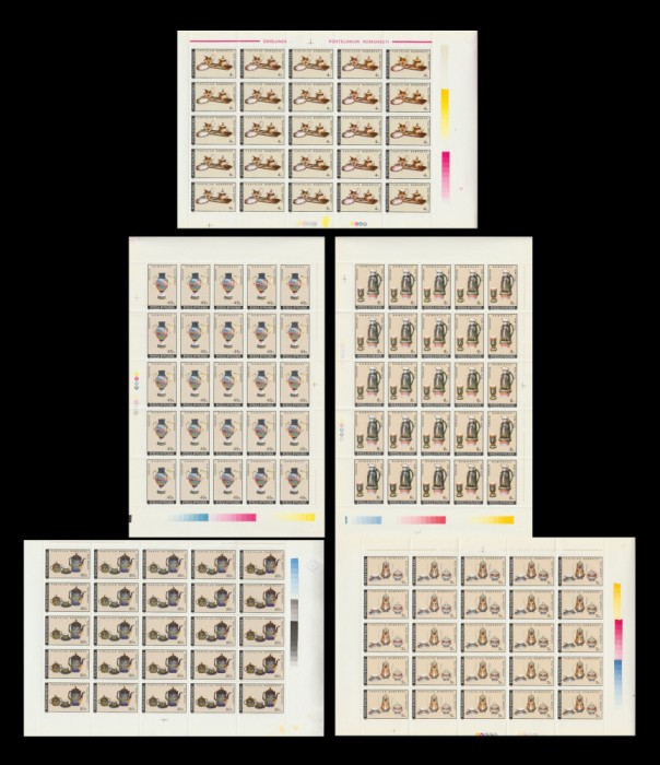 1992 Romania - 5 Coli intregi de 25 timbre Portelan romanesc, LP 1277 MNH