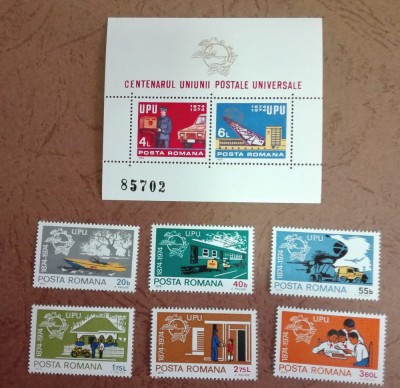 TIMBRE ROMANIA MNH LP847+848/1974CENTENARUL UPU SERIE SIMPLA+COL DANT NUMEROTATA foto