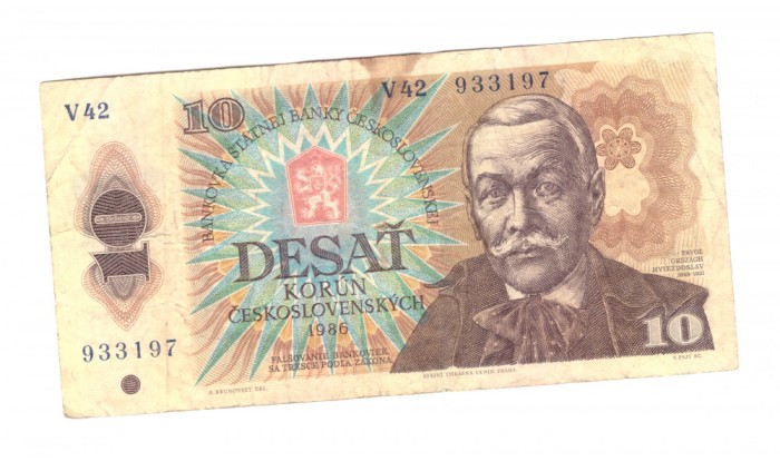 Bancnota Cehoslovacia 10 coroane/korun 1986, circulata, stare buna