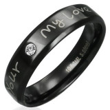 Inel din oțel - negru cu declarație de dragoste și zirconiu transparent - Marime inel: 65