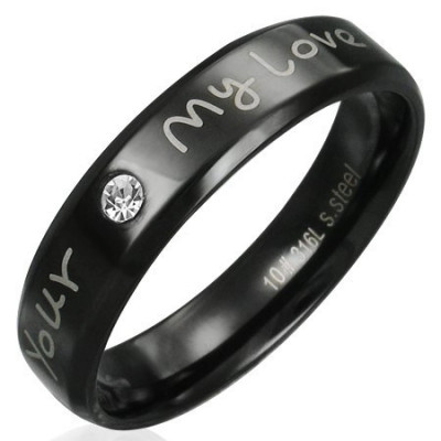 Inel din oțel - negru cu declarație de dragoste și zirconiu transparent - Marime inel: 65 foto