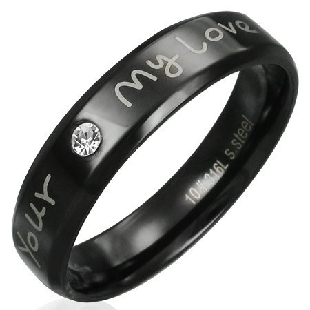 Inel din oțel - negru cu declarație de dragoste și zirconiu transparent - Marime inel: 62
