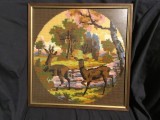 arta / design / vintage - Tablou goblen , cusatura peisaj cerb si caprioara in padure / rama din lemn !