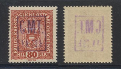 Ocupatia romana in Kolomeea 1919 sursarj CMT violet original 1K20h pe 80h stema MNH foto
