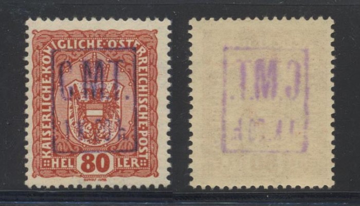 Ocupatia romana in Kolomeea 1919 sursarj CMT violet original 1K20h pe 80h stema MNH