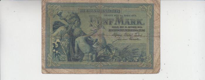 M1 - Bancnota foarte veche - Germania - 5 marci - 1904