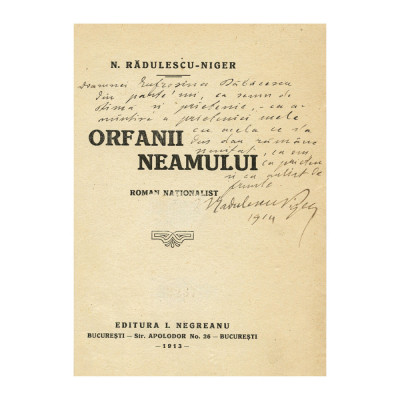 N. Rădulescu-Niger, Orfanii Neamului, 1913, cu dedicație pentru Eufrosina Constantin Bălăcescu foto