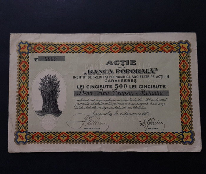 Actiune / actie din 1925 de la banca poporala din Caransebes , titlu , actiuni