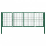 VidaXL Poartă gard de grădină cu st&acirc;lpi, verde, 350 x 100 cm, oțel