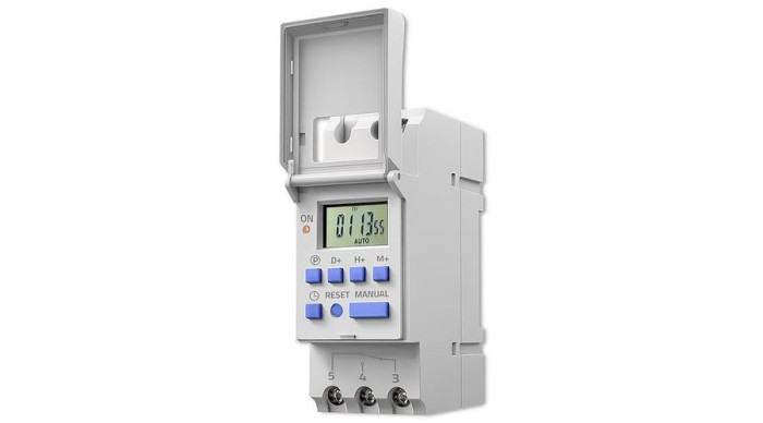 Comutator electronic temporizator Qoltec pentru șină DIN cu baterie &icirc;ncorporată | Program de 7 zile | 16 programe