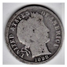 SUA One Dime=10 Cents 1898 argint 90% 2,2 grame necuratata cu patina