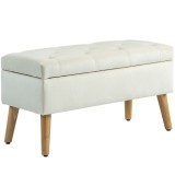 HOMCOM Taburet cu Depozitare In Catifea Picioare In Lemn Di Cauciuc 80x35x42 cm Crem | Aosom Romania
