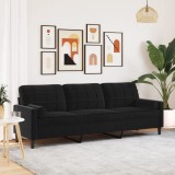 Gossi canapea cu 3 locuri cu pernute, negru, 210 cm, catifea