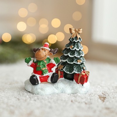Ornament de Craciun din Rasina pentru Decor, Flippy, Model Ren cu Brad, Decoratiune de Birou pentru Craciun, 6.5 x 6.5 x 4 cm, Rosu Verde foto
