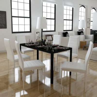vidaXL Set masă și scaune de bucătărie 7 piese alb și negru foto