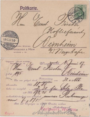 Germany 1907 Old postcard 5pf on postal stationery Worms to Weinheim D.382 foto