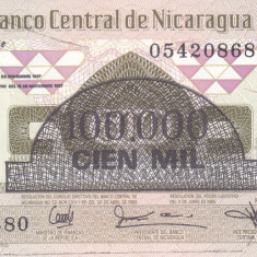 Bancnota Nicaragua 100.000 Cordobas 1987 - P149 UNC ( supratipar pe P144 )