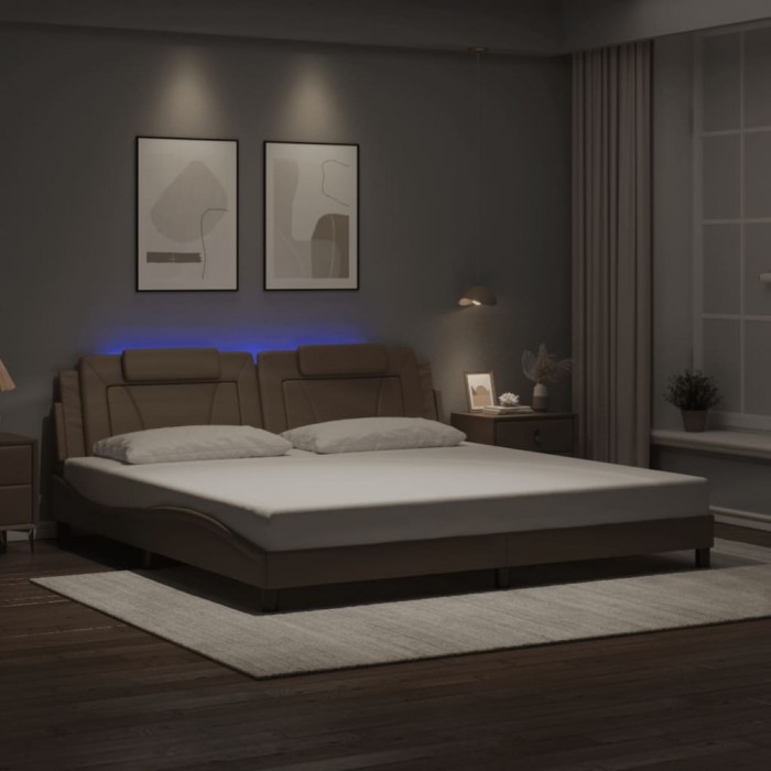 Cadru de pat lumini LED, cappuccino, 200x200 cm piele ecologică