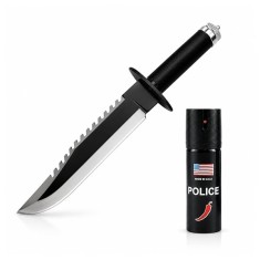 Set cutit tactic de vanatoare si spray paralizant chili, DEPOX&reg;, 39.5 cm, negru
