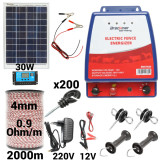 Kit pachet gard electric 6 Joule 12 220V panou solar 2000m 200 izolatori (BK87583-2000-4mm-30W)