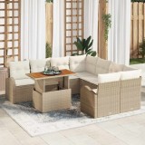 VidaXL Set de dining pentru grădină cu 9 piese, cu perne, de culoare bej, din rattan poliesteric și lemn de acacia