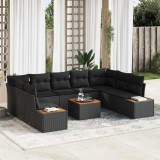 Set de canapea de grădină cu 10 piese și perne - Ratan sintetic negru și lemn de acacia