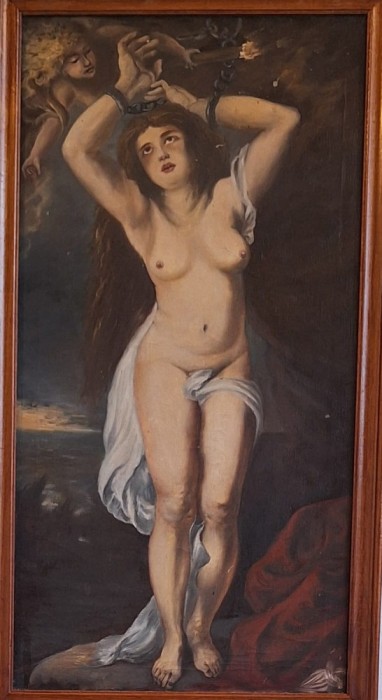 Andromeda &icirc;nlănțuită &ndash; Nud alegoric, pictură academică &ndash; ulei pe p&acirc;nză (sf. sec. XIX / &icirc;nceput sec. XX)