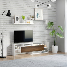 HOMCOM Dulap TV cu polita de perete, rafturi deschise si dulap inchis pentru sufragerie si dormitor, din PAL, alb si maro