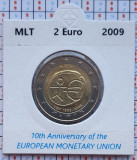 Malta 2 euro 2009 UNC - 10 Years of EMU - km 134 - cartonas personalizat D36101, Europa