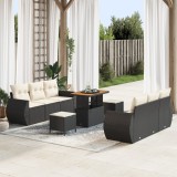 Set de Canapea de Grădină vidaXL cu Pernuțe Negru Ratan Poly Acacia, Set de M&acirc;ncat de Grădină vidaXL cu Pernuțe Negru Ratan Poly Acacia
