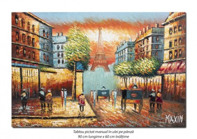 Tablou pictat manual, La Paris, 90x60cm ulei pe panza in cutit efect 3D, gata de agatat pe perete foto
