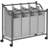 SONGMICS Cos de rufe cu 4 saci detasabili, structura metalica pe roti, 4x35L, 87x38x81cm, gri Household NewTrend
