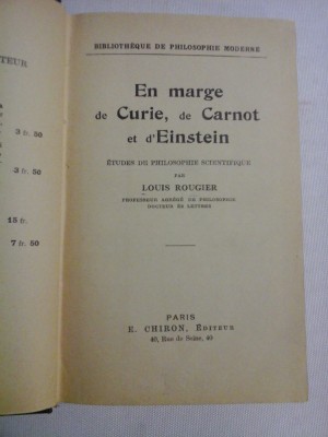EN MARGE de CURIE, de CARNOT et d&amp;#039;EINSTEIN - LOUIS ROUGIER foto