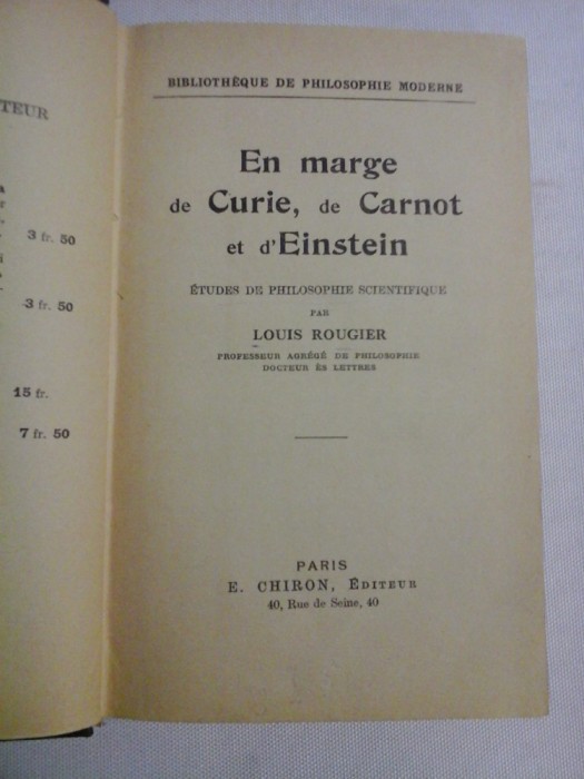 EN MARGE de CURIE, de CARNOT et d&#039;EINSTEIN - LOUIS ROUGIER