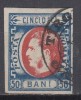 ROMANIA 1869 LP 29 REGELE CAROL I CU FAVORITI 50 BANI ALBASTRU/ROSU EROARE EFIGIE DEPLASATA STAMPILAT