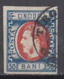 ROMANIA 1869 LP 29 REGELE CAROL I CU FAVORITI 50 BANI ALBASTRU/ROSU EROARE EFIGIE DEPLASATA STAMPILAT
