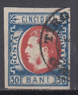 ROMANIA 1869 LP 29 REGELE CAROL I CU FAVORITI 50 BANI ALBASTRU/ROSU EROARE EFIGIE DEPLASATA STAMPILAT