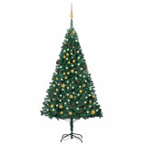 Set pom Crăciun artificial cu LED-uri&amp;globuri verde 210 cm PVC