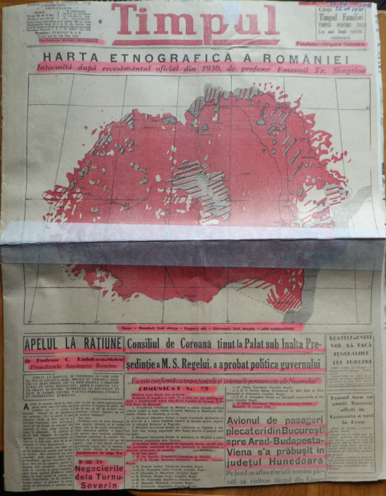 Ziarul Timpul, 26 August 1940, harta etnografica a Romaniei