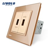 Priza dubla USB Livolo aurie cu rama din sticla rezistenta