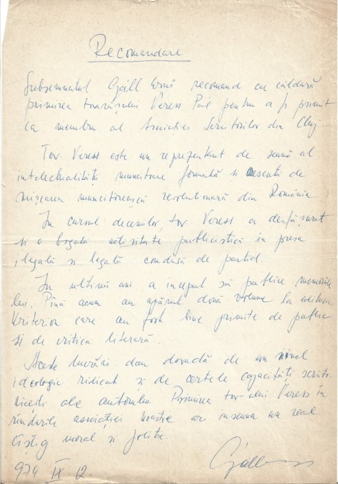A3263N Document scris și semnat olograf de G&aacute;ll Ernő, 1974