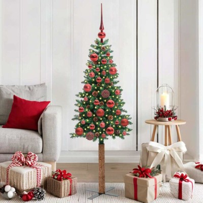 vidaXL Brad de Crăciun subțire Verde 150 cm PVC și lemn de PIN masiv 3394851 foto