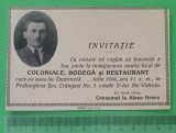 Reclamă magazin (Invitație), Coloniale, Bodegă si Restaurant, Cr&acirc;ngaș, București anul 1934, dimensiunea unei cărți poștale.